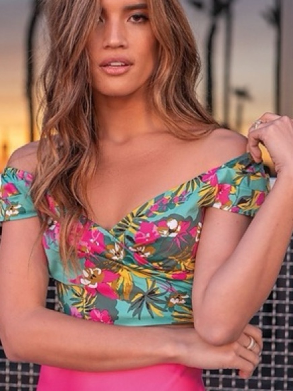 Express X Rocky Barnes tropical print crop top